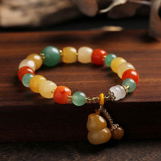 Natural Xinjiang Golden Silk Jade Bracelet Ethnic Style Colorful Jade Candy Color Yellow Green Barrel Beads Hanging Gourd Bracelet