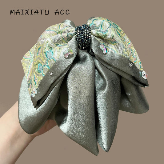 Colorful Roman Tail Clip New Chinese Style Green Bow High Ponytail Claw Clip for Women High-end Feel Back of Head Half Updo Claw Clip