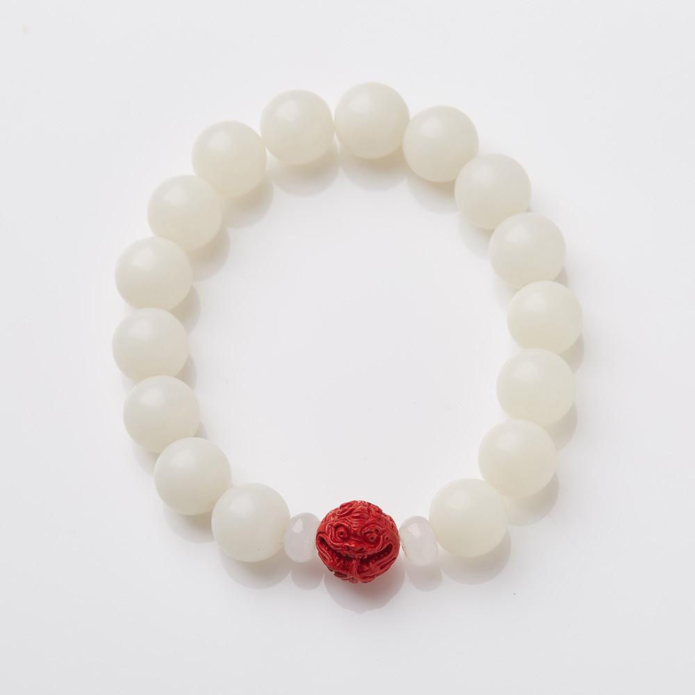 Natural 12MM White Jade Bodhi Bracelet with Cinnabar and Red Sand Pixiu, Soft Wrap-around Bead Bracelet for Men and Women, Single Circle Buddhist Prayer Beads