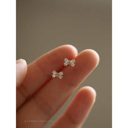 S925 Silver Plated 14K Gold Earrings Four Diamonds Bowknot Sweet Korean Design Mini Earrings Girlfriend Gift