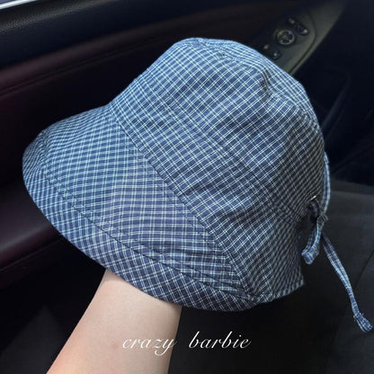 Sweet Navy Blue Plaid Fisherman Hat for Women, New Summer Wide Brim Sunshade Sun Protection Bucket Hat