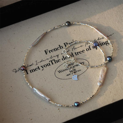 Elegant Design Light Luxury Minimalist Style Broken Silver Irregular Freshwater Pearl Small Silver Bar Handmade Beaded Necklace