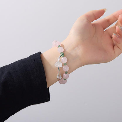 Natural 10MM Rose Quartz Bracelet for Women, Curved Courtyard Style Lotus Pink Crystal Good Luck Lotus Bead Bracelet