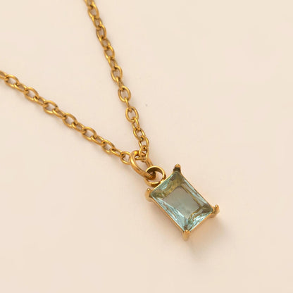 Titanium Steel Necklace Rectangular December Birthstone Pendant Colorful Zircon Clavicle Chain for Women Titanium Steel Plated with 18K Gold Color Retention