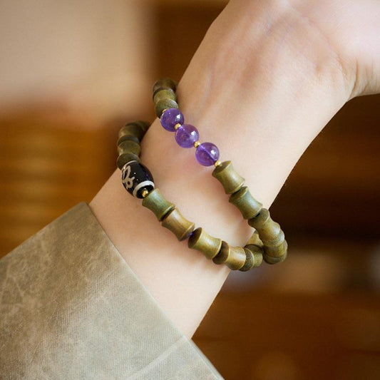 Natural Green Sandalwood Bamboo Knot Bracelet Nine Purple Fire Luck Bracelet for Women Tibetan Style Dzi Bead High-end Crystal Bracelet