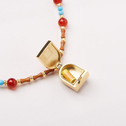 New Chinese Style Olive Stone Bamboo Knot Braided Necklace for Women with Zakiram Thangka Pendant and Gawu Box, Elegant and Versatile Necklace