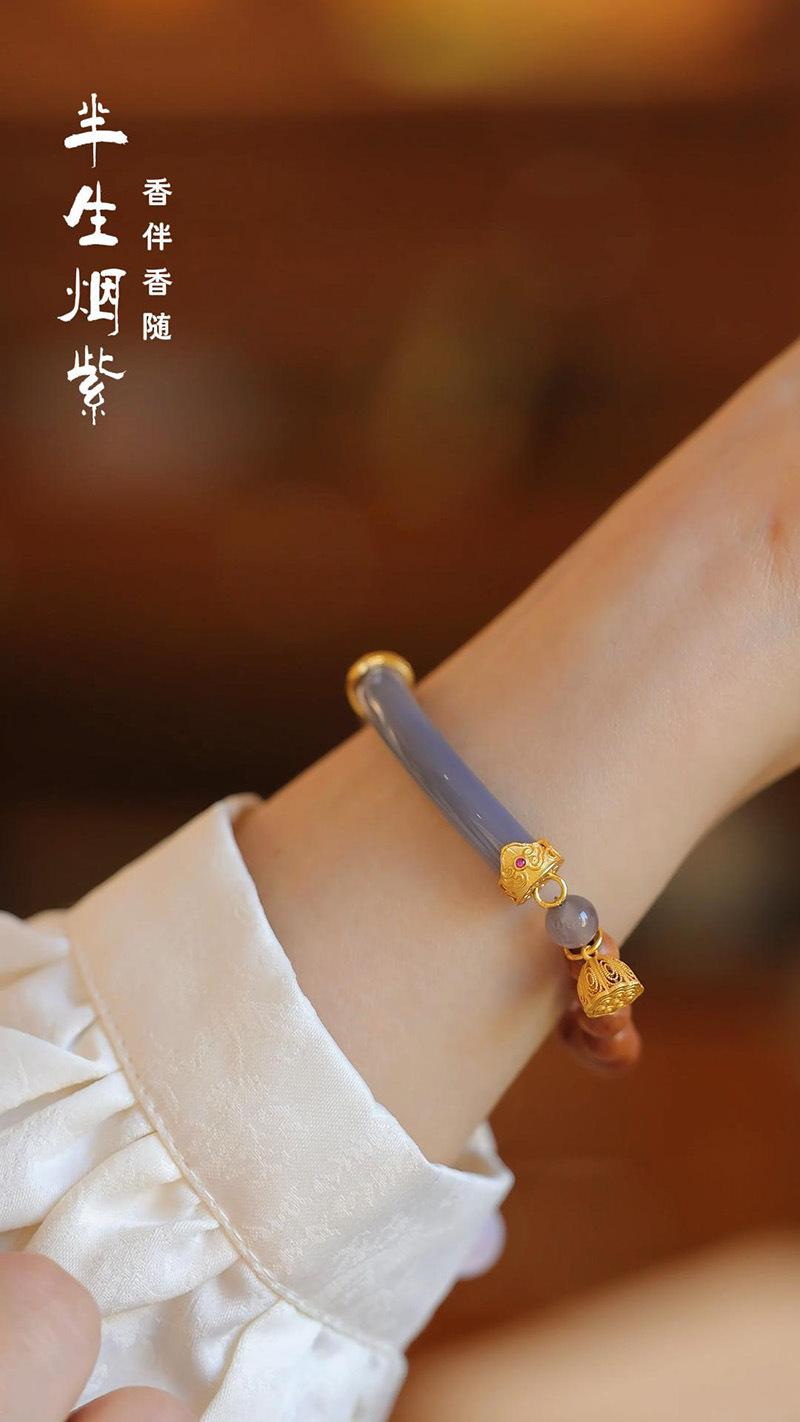 New Chinese Style Milky Fragrance Barbie Sandalwood Bracelet Semi Raw Smoke Purple S925 Silver Chalcedony Agate Double Combination High-end Bracelet