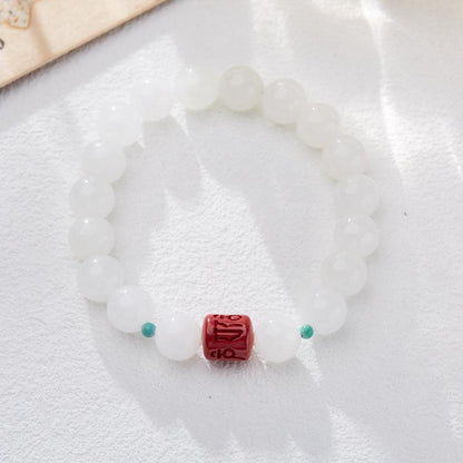 Hetian White Jade Bracelet for Women with Cinnabar Six-Word Mantra, Jadeite Hetian Jade Beads, Zodiac Year Gift
