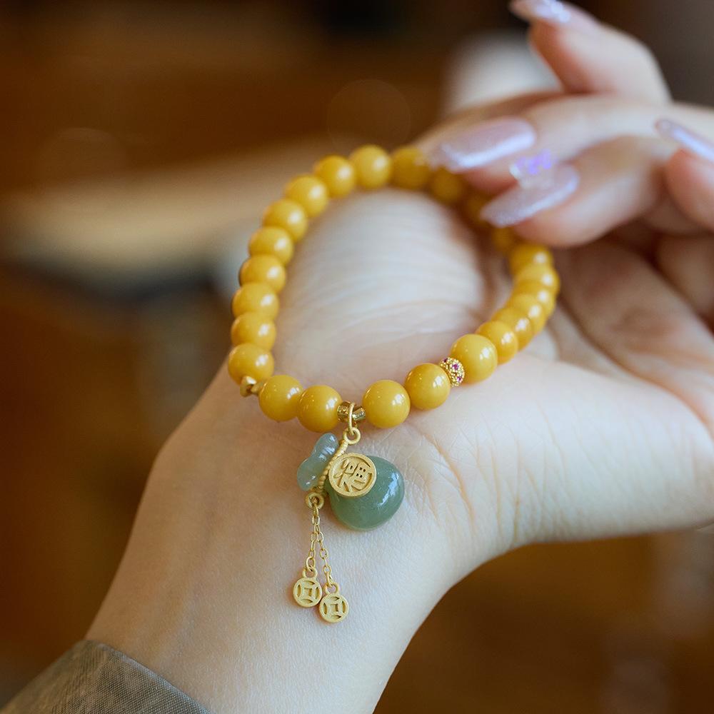 Natural Chicken Fat Yellow Beeswax Buddha Beads Bracelet for Women Amber Hetian Jade Single Circle Bracelet Retro Chinese Style Design