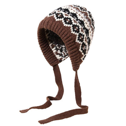 Korean Style Hat for Women Winter Knitted Drawstring Slouchy Beanie Fair Isle Style Retro Versatile Wool Hat for Women