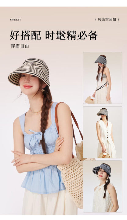 Striped Visor Hat for Women Summer Korean Style Wide Brim Sun Hat Striped Beach Hat Foldable Headband