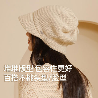 Autumn Winter Warm Knitted Hat for Women Simple Large Head Circumference Bare Face Hat Korean Style Face Covering Versatile Slouchy Hat Double Layer Wool Hat