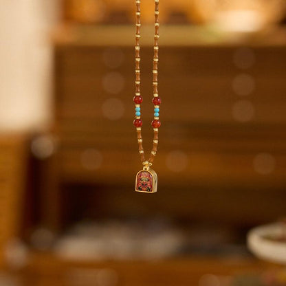 New Chinese Style Olive Stone Bamboo Knot Braided Necklace for Women with Zakiram Thangka Pendant and Gawu Box, Elegant and Versatile Necklace