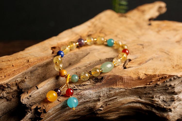 Original Design Multi-Gemstone Jewelry Brazilian Natural Golden Rutilated Quartz Bracelet for Women Vintage Agate Pink Quartz Bracelet