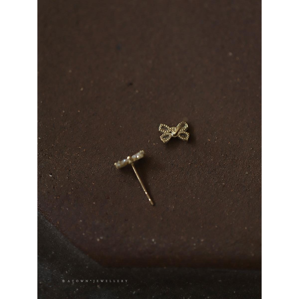 S925 Silver Plated 14K Gold Earrings Four Diamonds Bowknot Sweet Korean Design Mini Earrings Girlfriend Gift