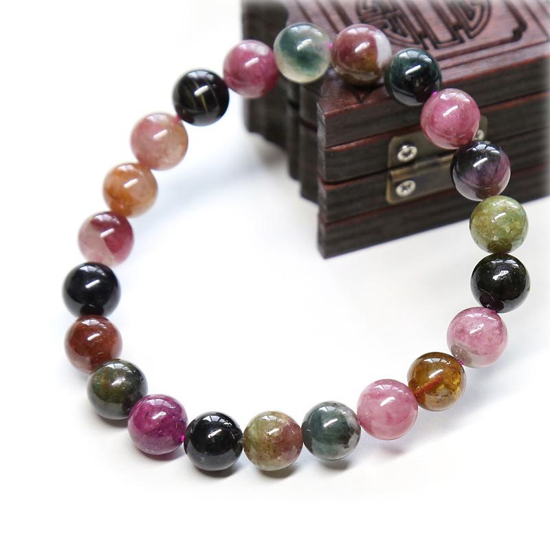 Natural Tourmaline Bracelet for Women Tourmaline Round Beads Rainbow Color Single Circle Bracelet Crystal Jewelry Round Beads Best Friend Gift