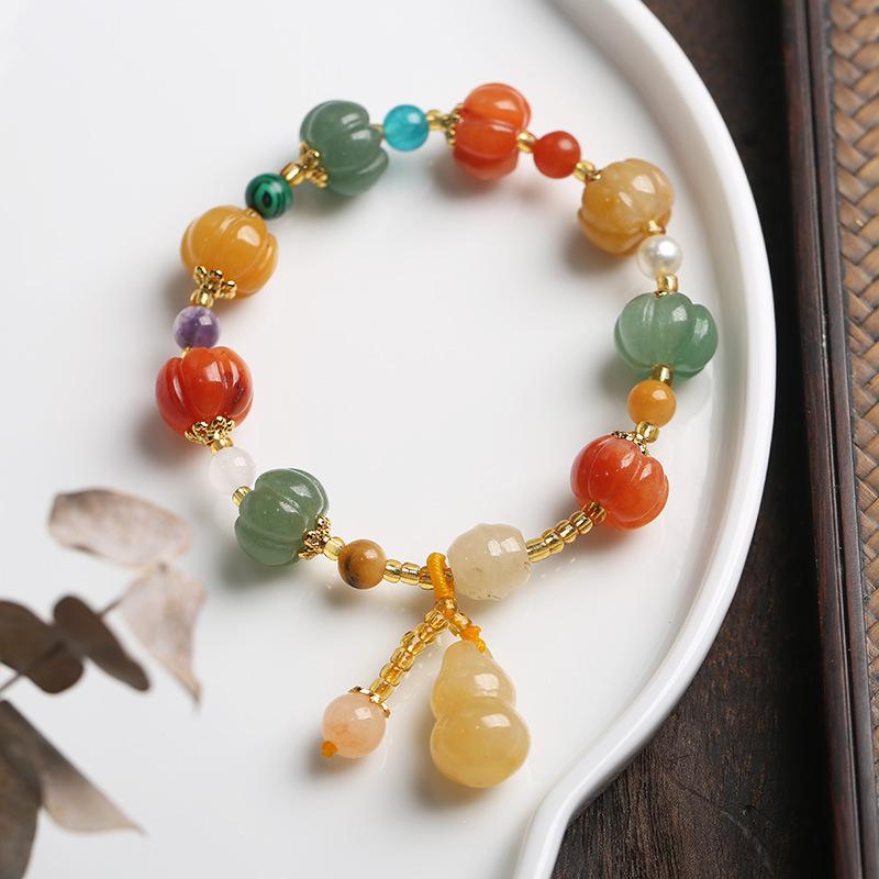 Gold Silk Jade Bracelet Wholesale Drum Beads Pumpkin Beads Gourd Ethnic Style Bracelet Yellow Jade Pixiu Bracelet for Women