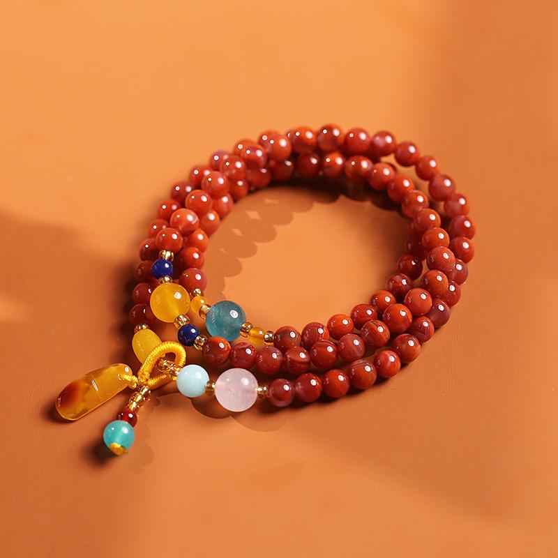 Natural Three-Circle Southern Red Agate Bracelet Amber Pendant Ethnic Style Multi-Circle Southern Red Agate Bracelet Unisex