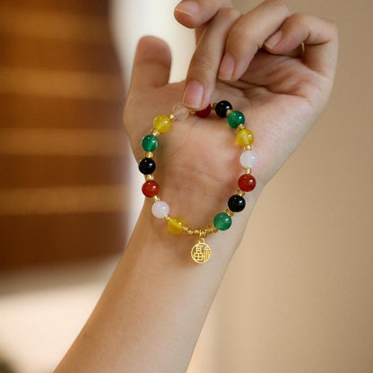 Natural 8MM Agate Bracelet Five Blessings Good Luck Multicolored Agate Beads Temple Scenic Spot Bracelet Gift