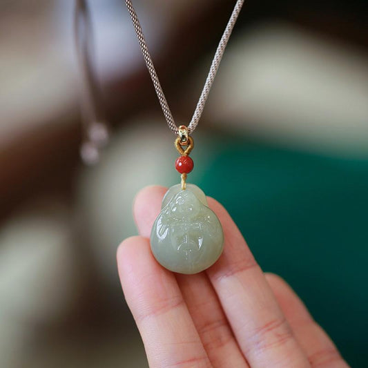 Natural Hetian Jade Hugging Buddha Pendant Necklace Couple Style Jade Pendant Exquisite Carving Braided Cord