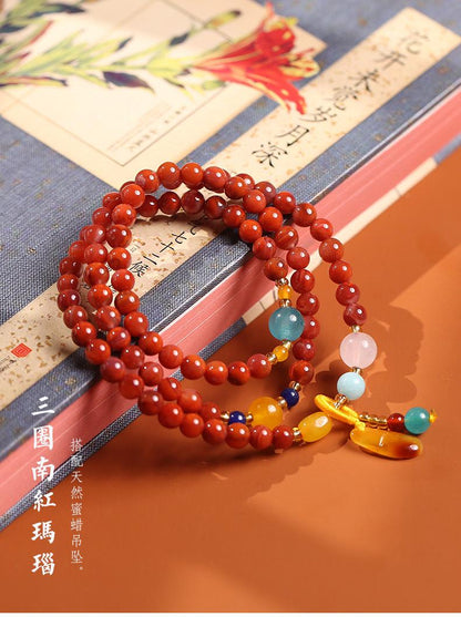 Natural Three-Circle Southern Red Agate Bracelet Amber Pendant Ethnic Style Multi-Circle Southern Red Agate Bracelet Unisex
