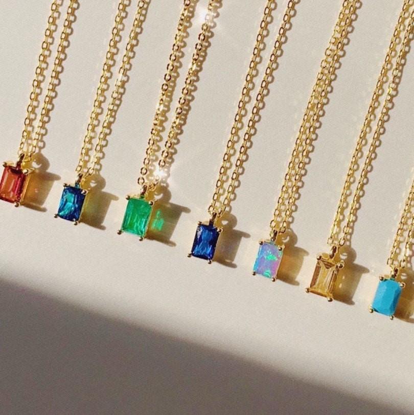Titanium Steel Necklace Rectangular December Birthstone Pendant Colorful Zircon Clavicle Chain for Women Color Retention 18K Gold Plated Color Retention