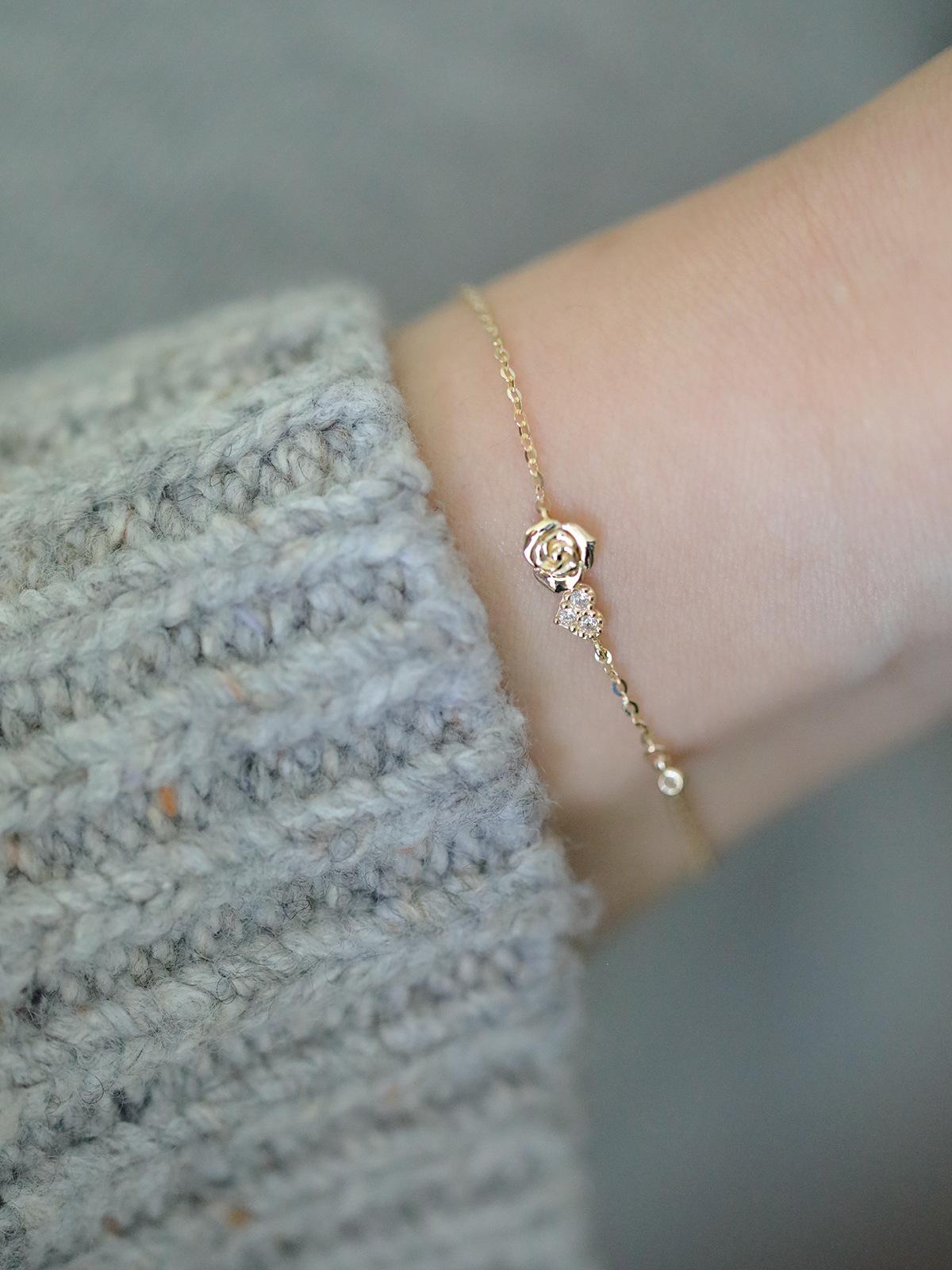 Rose Flower S925 Silver Plated 14K Gold Fine Sparkling Rose Heart Ultra-Thin Bracelet Gift