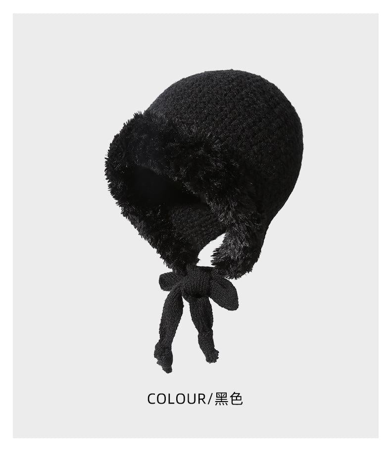 Autumn Winter Fluffy Ear Protection Knitted Hat for Women Large Head Circumference Cold-Proof Warm Wool Hat Color-Block Tie Head Wrap Hat