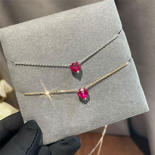S925 Silver Plated 14K Gold Pure Silver Pendant Clavicle Chain Red Corundum Silver Necklace for Women Korean and Japanese Simple Style