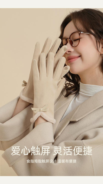 Autumn Winter Thermal Gloves for Women Outdoor Cold-Proof Fleece-Lined Warm Gloves Cute Bow Driving Gloves Touchscreen Compatible