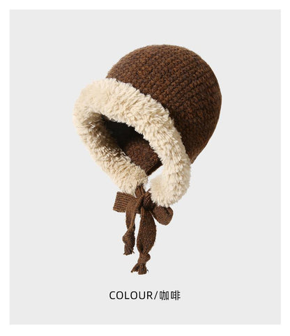 Autumn Winter Fluffy Ear Protection Knitted Hat for Women Large Head Circumference Cold-Proof Warm Wool Hat Color-Block Tie Head Wrap Hat