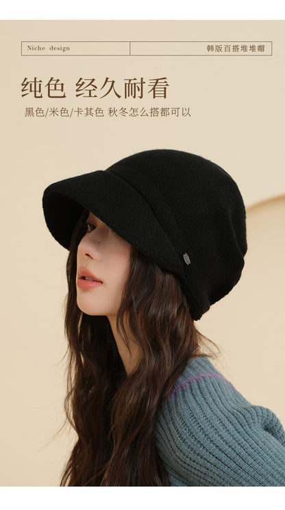 Autumn Winter Warm Knitted Hat for Women Simple Large Head Circumference Bare Face Hat Korean Style Face Covering Versatile Slouchy Hat Double Layer Wool Hat