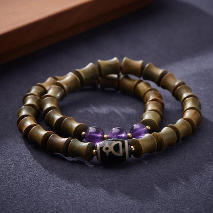 Natural Green Sandalwood Bamboo Knot Bracelet Nine Purple Fire Luck Bracelet for Women Tibetan Style Dzi Bead High-end Crystal Bracelet