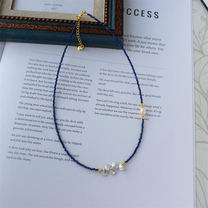 Design Simple Natural Lapis Lazuli Malachite Freshwater Petal Pearl Necklace Ultra-fine Layered Collarbone Chain Necklace