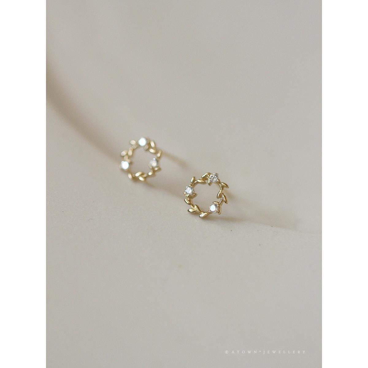 S925 Sterling Silver Gold-Plated Earrings for Women Zircon Branch Leaf Small Flower Ring Elegant Petite Floral Korean and Japanese Style Earrings