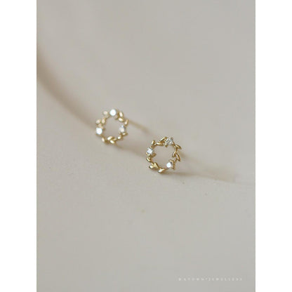 S925 Sterling Silver Gold-Plated Earrings for Women Zircon Branch Leaf Small Flower Ring Elegant Petite Floral Korean and Japanese Style Earrings