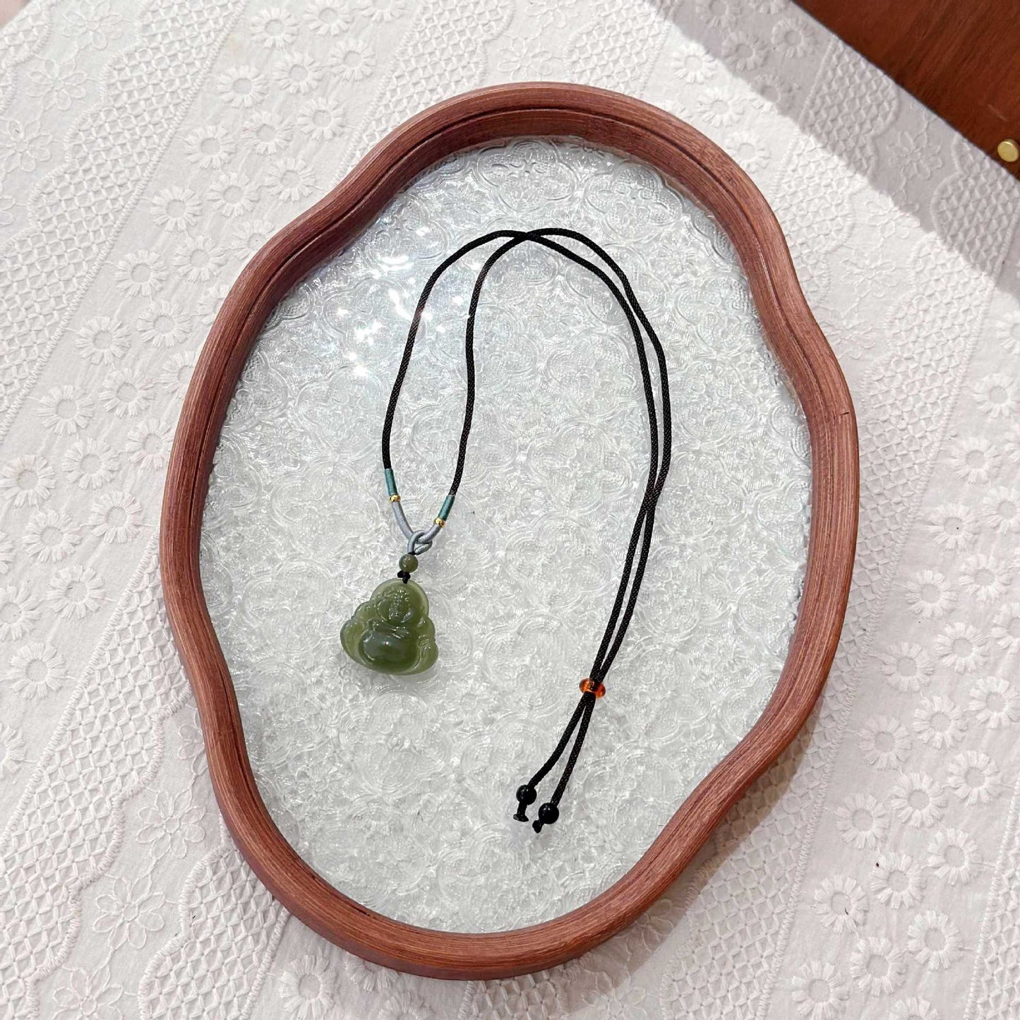Natural Hetian Jade Hugging Buddha Pendant Necklace Couple Style Jade Pendant Exquisite Carving Braided Cord
