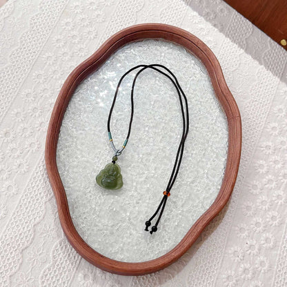 Natural Hetian Jade Hugging Buddha Pendant Necklace Couple Style Jade Pendant Exquisite Carving Braided Cord