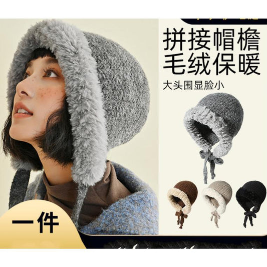 Autumn Winter Fluffy Ear Protection Knitted Hat for Women Large Head Circumference Cold-Proof Warm Wool Hat Color-Block Tie Head Wrap Hat
