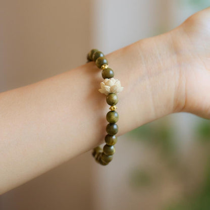Original Green Sandalwood Bracelet for Female Students, Soft on Fingers, Men's Cultural Play, Buddhist Beads, Sandalwood, Lotus Flower Bracelet, Peripheral Accessories
