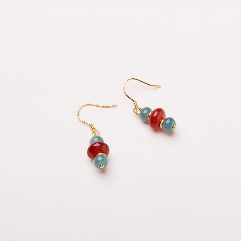 Natural Blue Water Jade Earrings S925 Silver Thousand Miles of Rivers and Mountains Red Agate National Style Earrings New Chinese Ear Hook Ear Jewelry