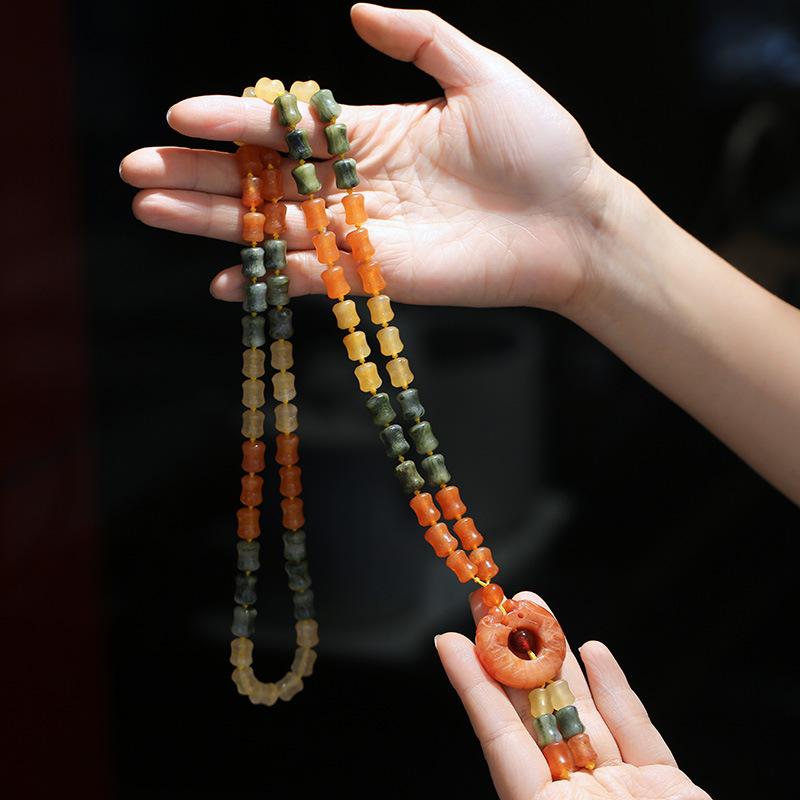 Qipao Beautifully Paired with Xinjiang Gold Silk Jade Sweater Chain Necklace Rose Blossom Prosperity Women's Clothing Hanging Chain Accessories Ethnic Style