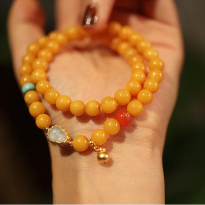 Natural Chicken Fat Yellow Beeswax Buddha Beads Bracelet for Women Amber Hetian Jade Single Circle Bracelet Retro Chinese Style Design
