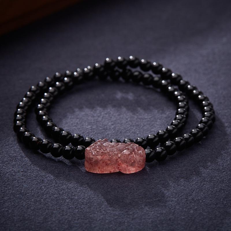 Natural Black Agate Double Circle Bracelet Strawberry Quartz Peach Blossom Girlfriends Beaded Small New Chinese Bracelet