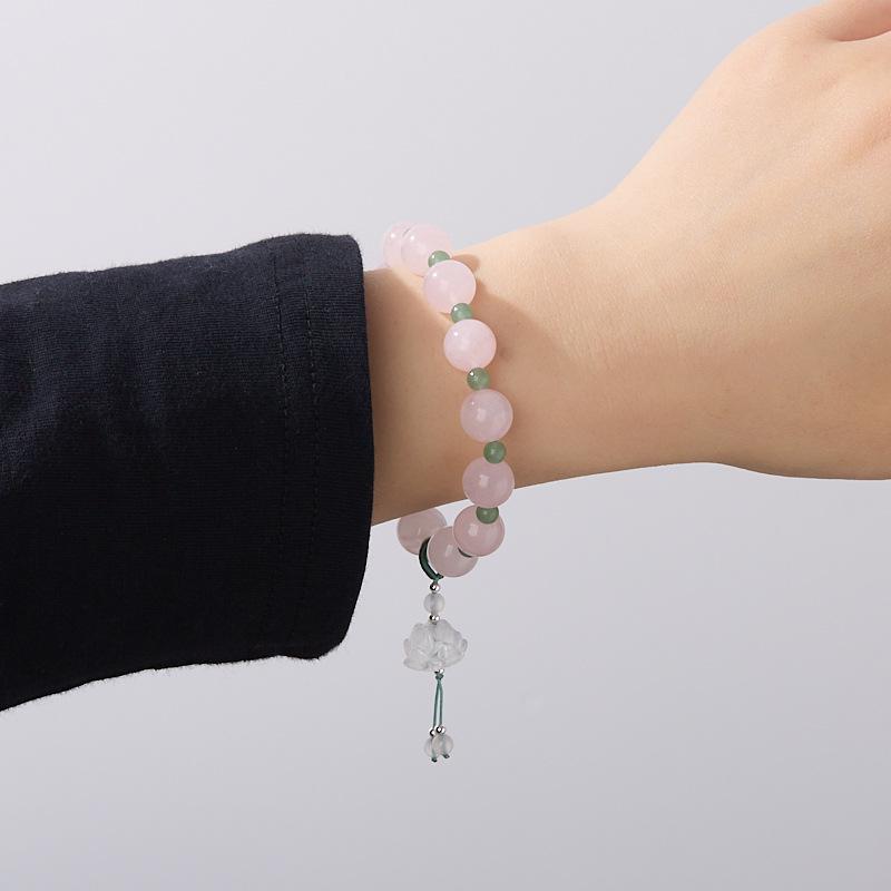 Natural 10MM Rose Quartz Bracelet for Women, Curved Courtyard Style Lotus Pink Crystal Good Luck Lotus Bead Bracelet