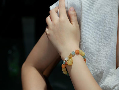 Natural Xinjiang Golden Silk Jade Bracelet Ethnic Style Colorful Jade Candy Color Yellow Green Barrel Beads Hanging Gourd Bracelet