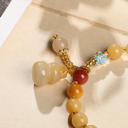 Natural Xinjiang Golden Silk Jade Yellow Bracelet Best Friend Gift Small Gourd Tassel Women's Round Bead Jade Bracelet