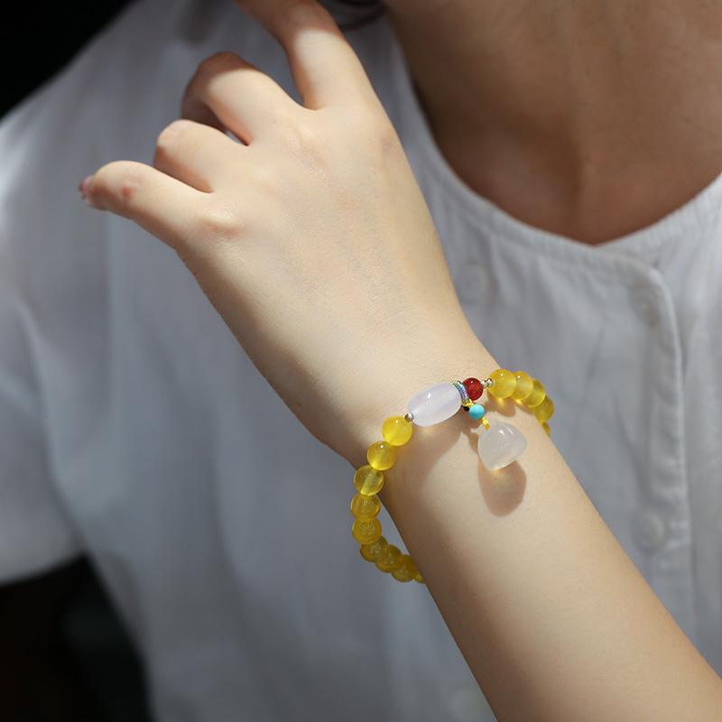 Natural 8MM Yellow Agate Bracelet White Chalcedony Barrel Beads Hanging Lotus Pod Bracelet Jewelry Hand Accessories Couple Best Friend Gift