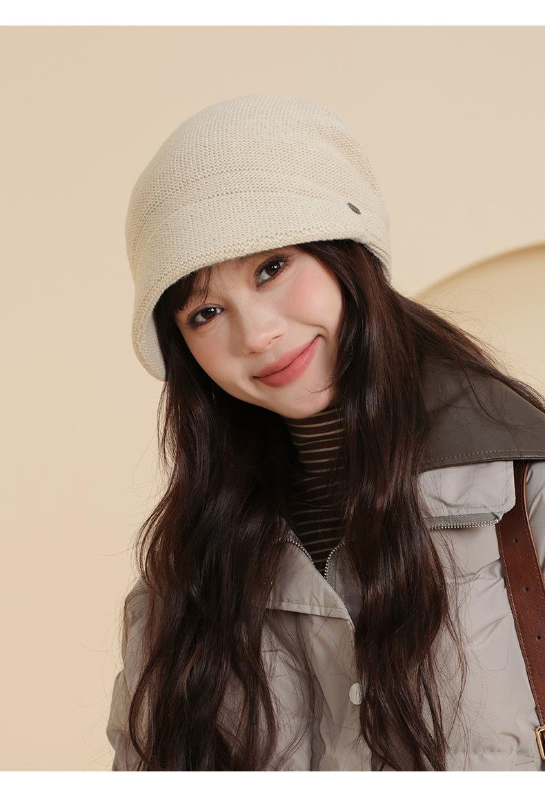 Autumn Winter Warm Knitted Hat for Women Simple Large Head Circumference Bare Face Hat Korean Style Face Covering Versatile Slouchy Hat Double Layer Wool Hat