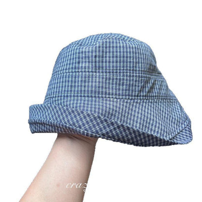 Sweet Navy Blue Plaid Fisherman Hat for Women, New Summer Wide Brim Sunshade Sun Protection Bucket Hat